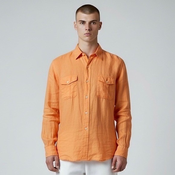 Polo Ralph Lauren Other - Polo Ralph Lauren Shirt Mens XXL Orange 100% Linen Button Up Long Sleeve Pockets